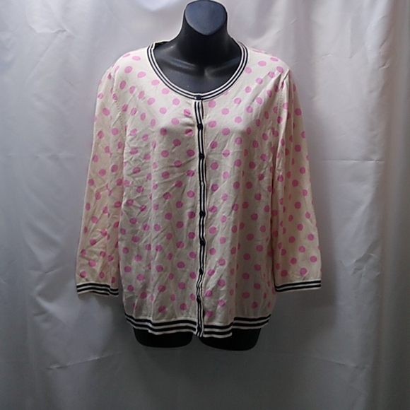 Talbots white pink poka dot cardigan with navy blue trim (neck bottom hem sleeve - Picture 1 of 7